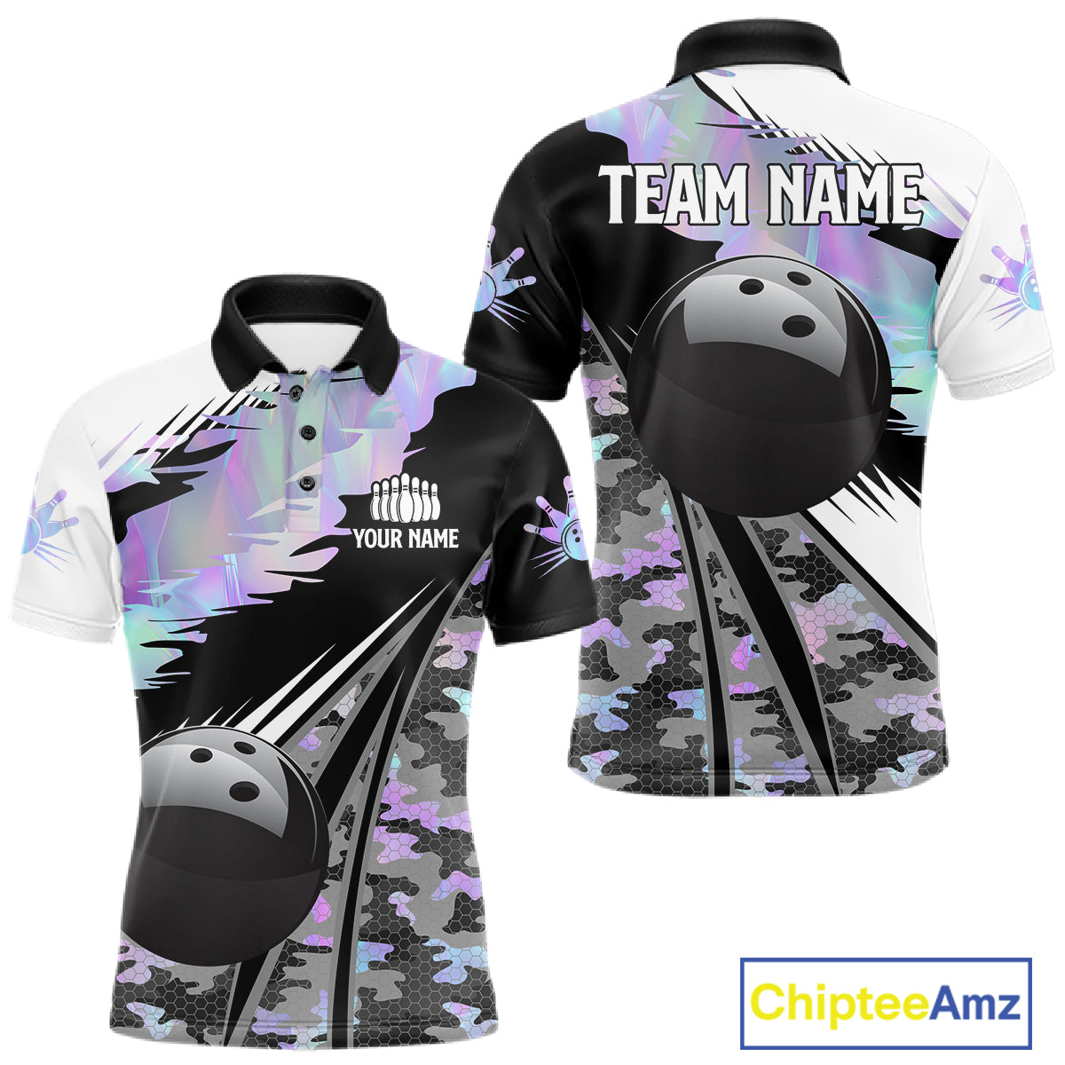Mens Bowling Polo Quarter-Zip Shirts Custom Black Ball Holographic Camo Bowling Team Jersey, Gift For Bowlers NYN4193