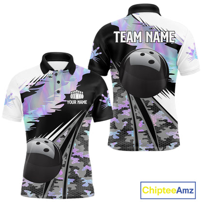 Mens Bowling Polo Quarter-Zip Shirts Custom Black Ball Holographic Camo Bowling Team Jersey, Gift For Bowlers NYN4193