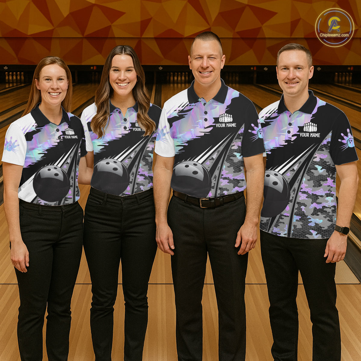 Mens Bowling Polo Quarter-Zip Shirts Custom Black Ball Holographic Camo Bowling Team Jersey, Gift For Bowlers NYN4193