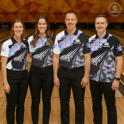 Mens Bowling Polo Quarter-Zip Shirts Custom Black Ball Holographic Camo Bowling Team Jersey, Gift For Bowlers NYN4193