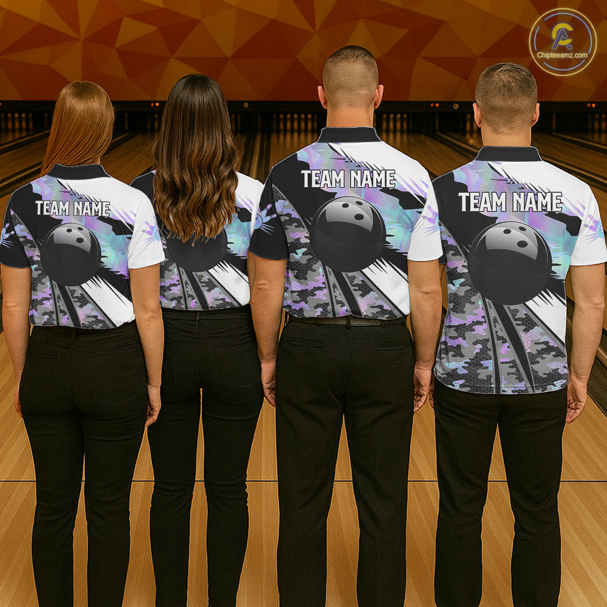 Mens Bowling Polo Quarter-Zip Shirts Custom Black Ball Holographic Camo Bowling Team Jersey, Gift For Bowlers NYN4193