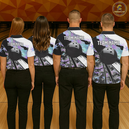 Mens Bowling Polo Quarter-Zip Shirts Custom Black Ball Holographic Camo Bowling Team Jersey, Gift For Bowlers NYN4193
