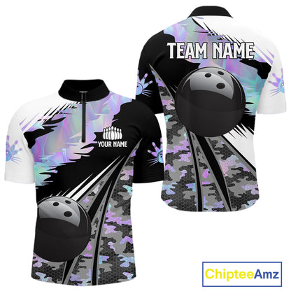 Mens Bowling Polo Quarter-Zip Shirts Custom Black Ball Holographic Camo Bowling Team Jersey, Gift For Bowlers NYN4193