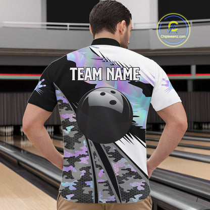 Mens Bowling Polo Quarter-Zip Shirts Custom Black Ball Holographic Camo Bowling Team Jersey, Gift For Bowlers NYN4193