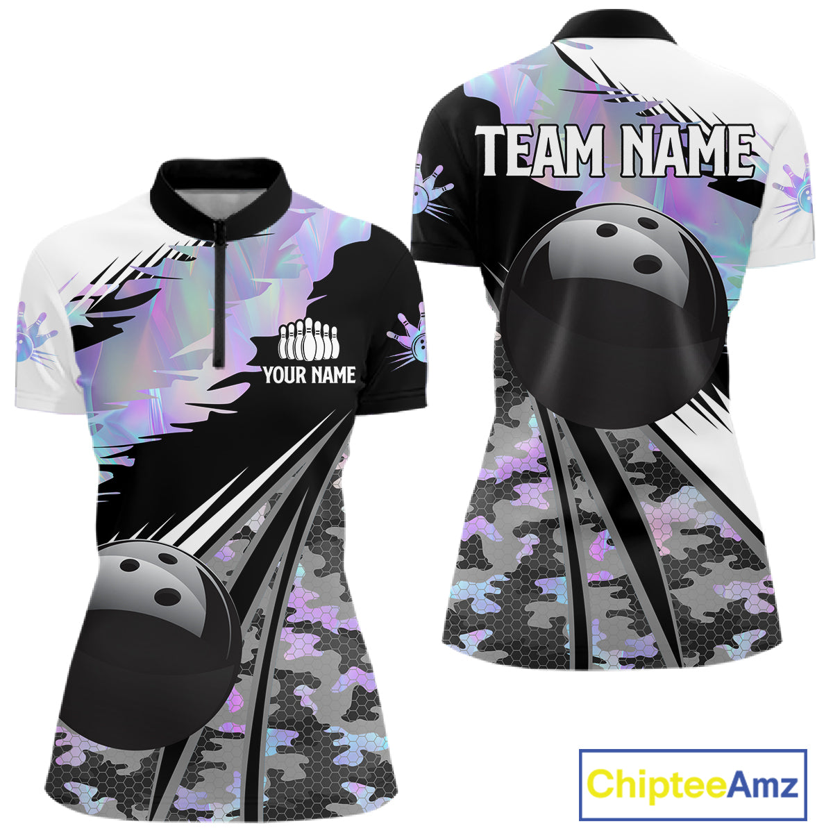 Women Bowling Polo Quarter-Zip Shirts Custom Black Ball Holographic Camo Bowling Team Jersey, Gift For Bowlers NYN4193