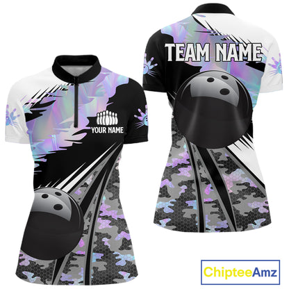 Women Bowling Polo Quarter-Zip Shirts Custom Black Ball Holographic Camo Bowling Team Jersey, Gift For Bowlers NYN4193
