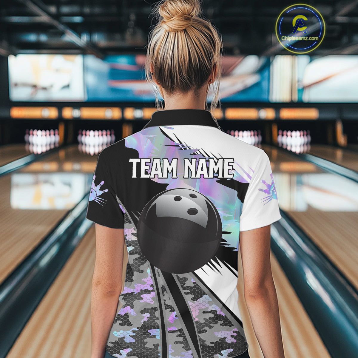 Women Bowling Polo Quarter-Zip Shirts Custom Black Ball Holographic Camo Bowling Team Jersey, Gift For Bowlers NYN4193