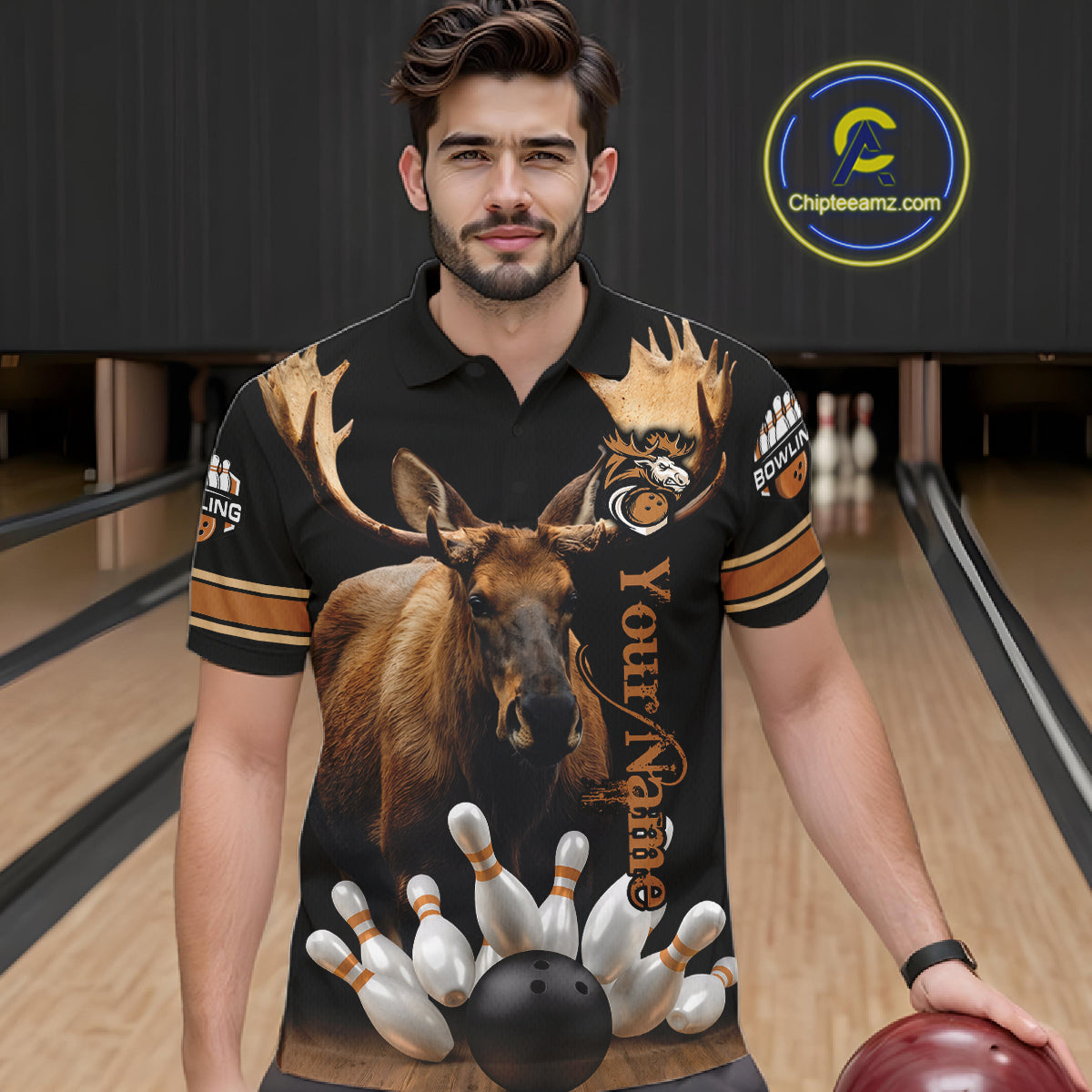 Moose Bowling Polo Quarter-Zip Shirts For Men Custom Bowling League Shirt Bowling Team Jerseys NYN4197