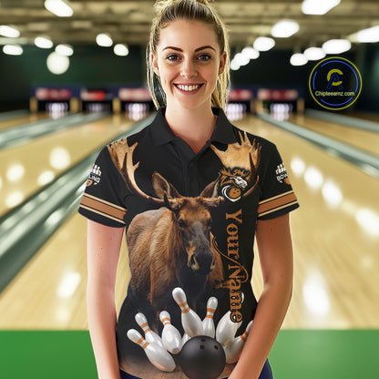 Moose Bowling Polo Quarter-Zip Shirts For Women Custom Bowling League Shirt Bowling Team Jerseys NYN4197