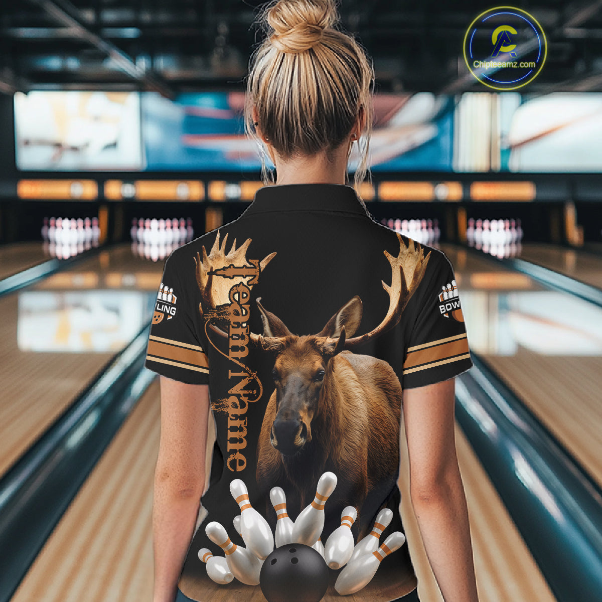 Moose Bowling Polo Quarter-Zip Shirts For Women Custom Bowling League Shirt Bowling Team Jerseys NYN4197