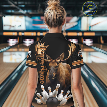 Moose Bowling Polo Quarter-Zip Shirts For Women Custom Bowling League Shirt Bowling Team Jerseys NYN4197