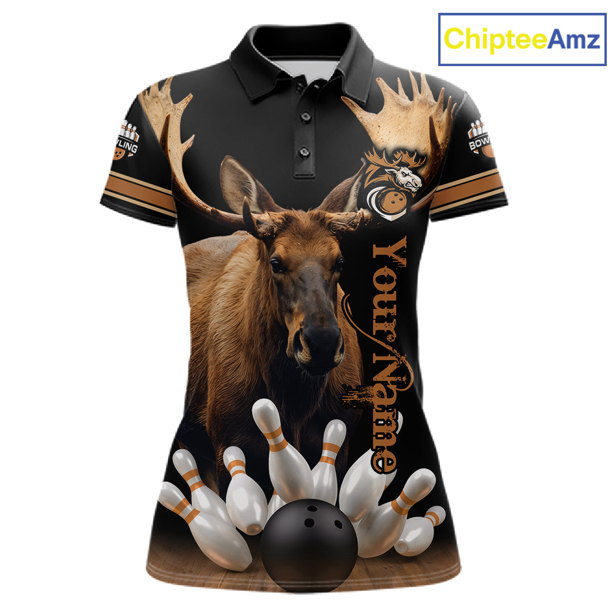 Moose Bowling Polo Quarter-Zip Shirts For Women Custom Bowling League Shirt Bowling Team Jerseys NYN4197