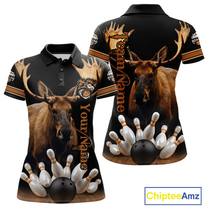 Moose Bowling Polo Quarter-Zip Shirts For Women Custom Bowling League Shirt Bowling Team Jerseys NYN4197