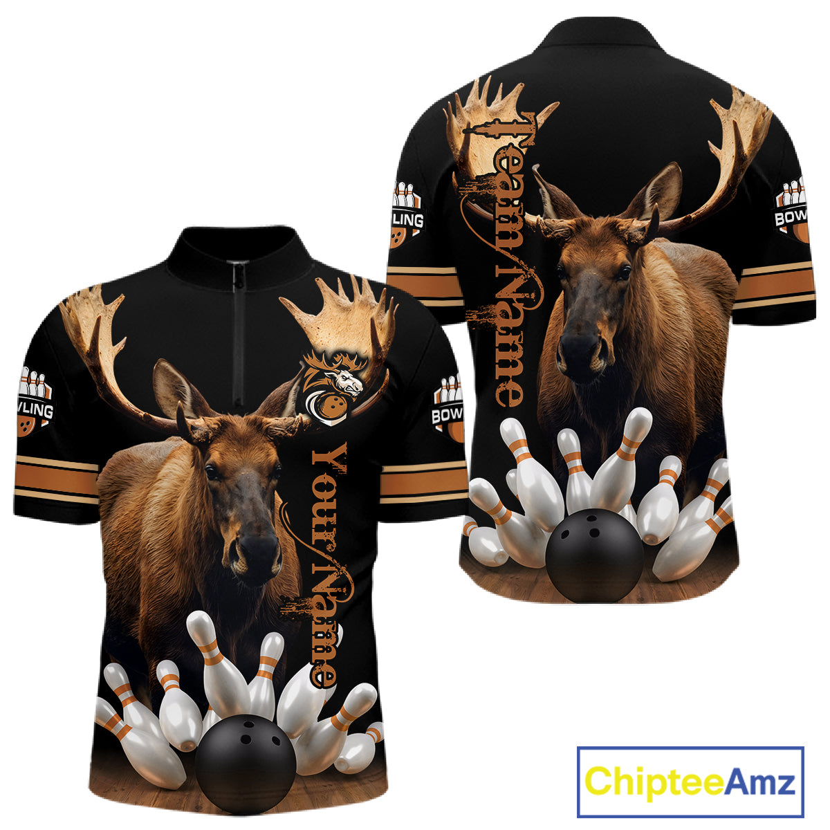 Moose Bowling Polo Quarter-Zip Shirts For Men Custom Bowling League Shirt Bowling Team Jerseys NYN4197