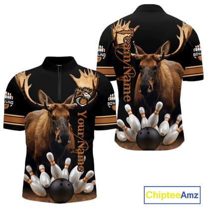 Moose Bowling Polo Quarter-Zip Shirts For Men Custom Bowling League Shirt Bowling Team Jerseys NYN4197
