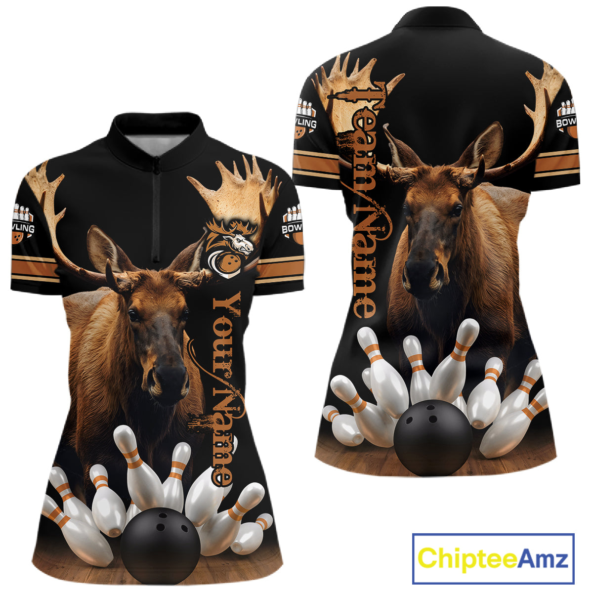 Moose Bowling Polo Quarter-Zip Shirts For Women Custom Bowling League Shirt Bowling Team Jerseys NYN4197
