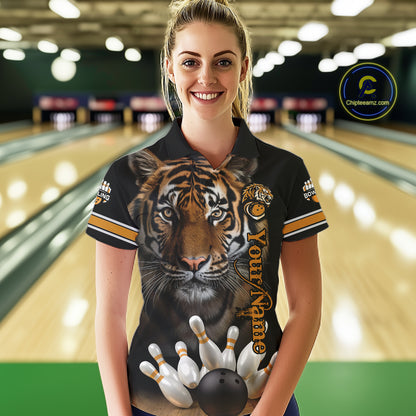 Tiger Bowling Polo Quarter-Zip Shirts For Women Custom Bowling League Shirt Bowling Team Jerseys NYN4198