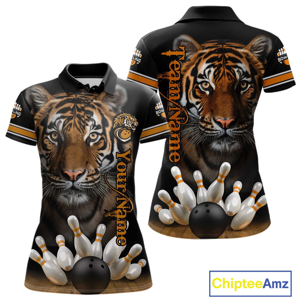 Tiger Bowling Polo Quarter-Zip Shirts For Women Custom Bowling League Shirt Bowling Team Jerseys NYN4198