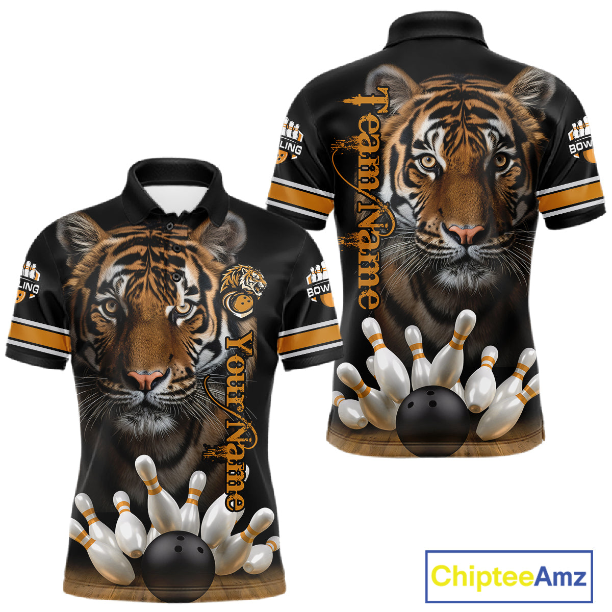 Tiger Bowling Polo Quarter-Zip Shirts For Men Custom Bowling League Shirt Bowling Team Jerseys NYN4198