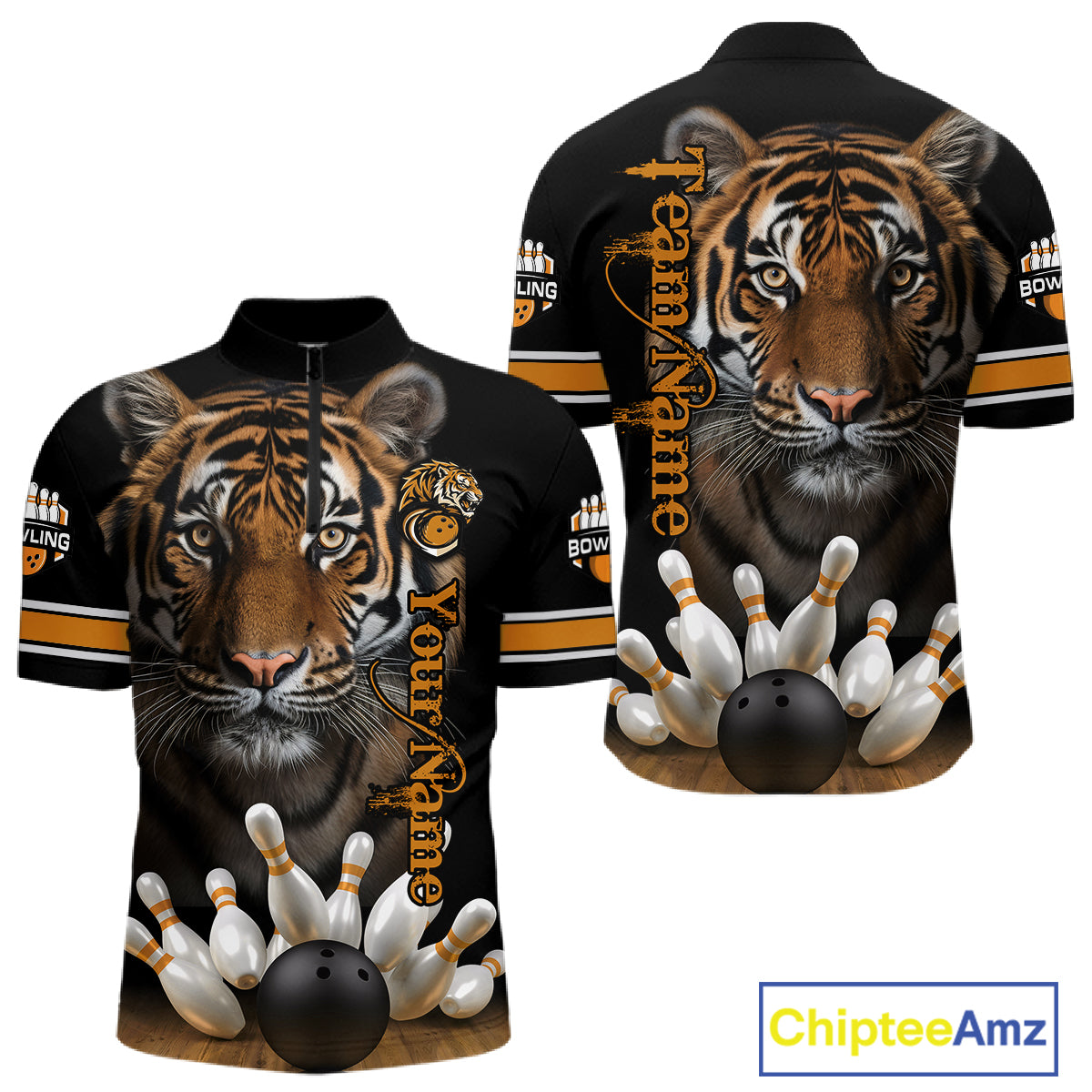 Tiger Bowling Polo Quarter-Zip Shirts For Men Custom Bowling League Shirt Bowling Team Jerseys NYN4198