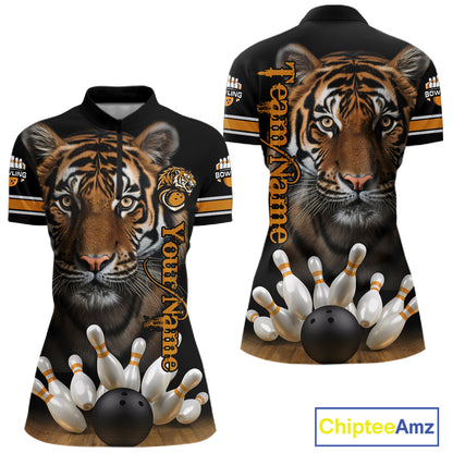 Tiger Bowling Polo Quarter-Zip Shirts For Women Custom Bowling League Shirt Bowling Team Jerseys NYN4198