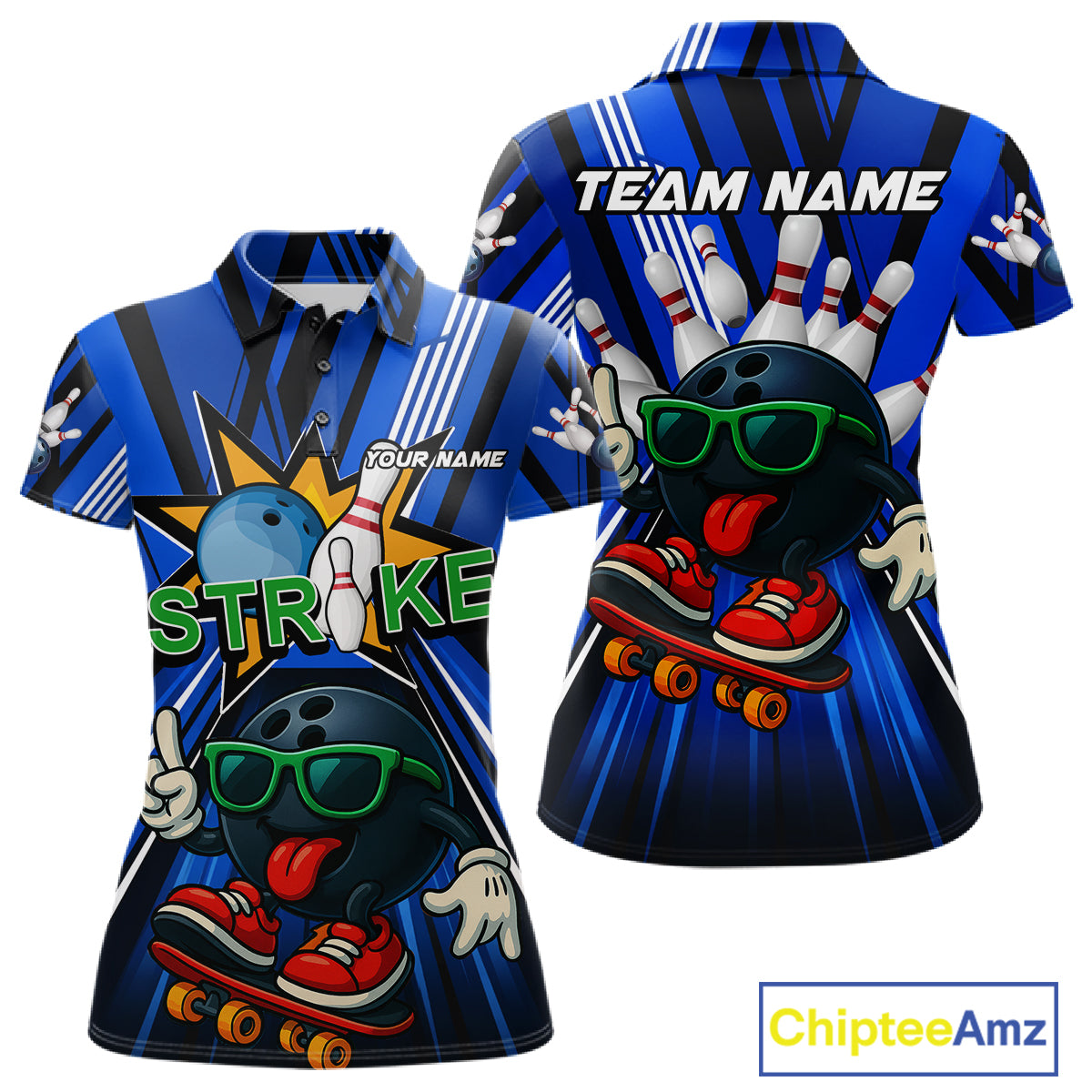 Blue Strikes Funny Bowling Ball Polo Quarter-Zip Shirt For Women Custom Bowling Team Jersey NYN4204
