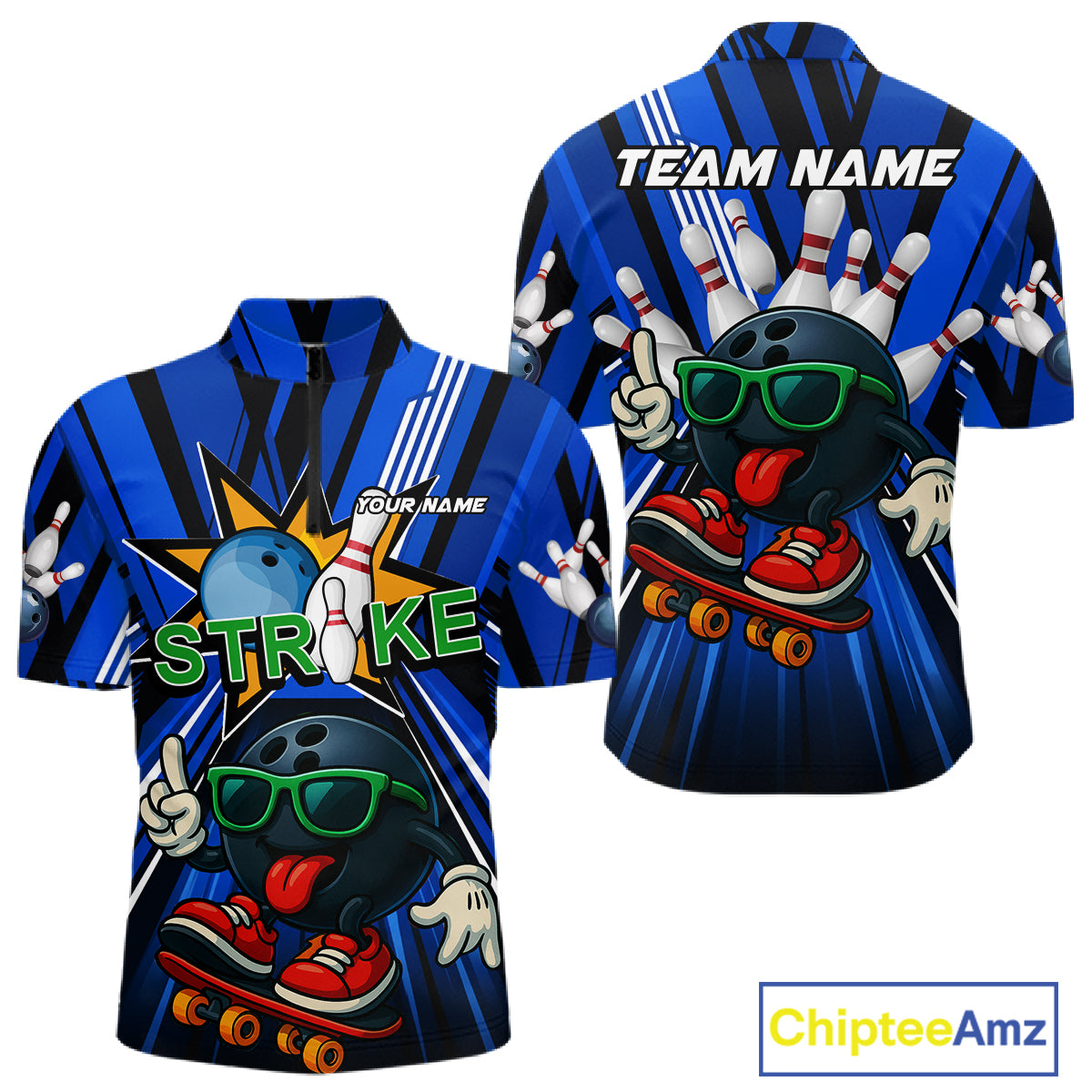 Blue Strikes Funny Bowling Ball Polo Quarter-Zip Shirt For Men Custom Bowling Team Jersey NYN4204