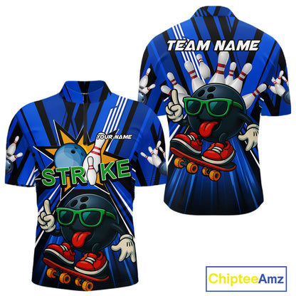Blue Strikes Funny Bowling Ball Polo Quarter-Zip Shirt For Men Custom Bowling Team Jersey NYN4204