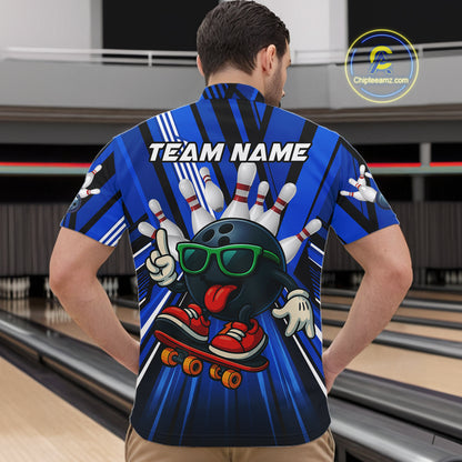 Blue Strikes Funny Bowling Ball Polo Quarter-Zip Shirt For Men Custom Bowling Team Jersey NYN4204