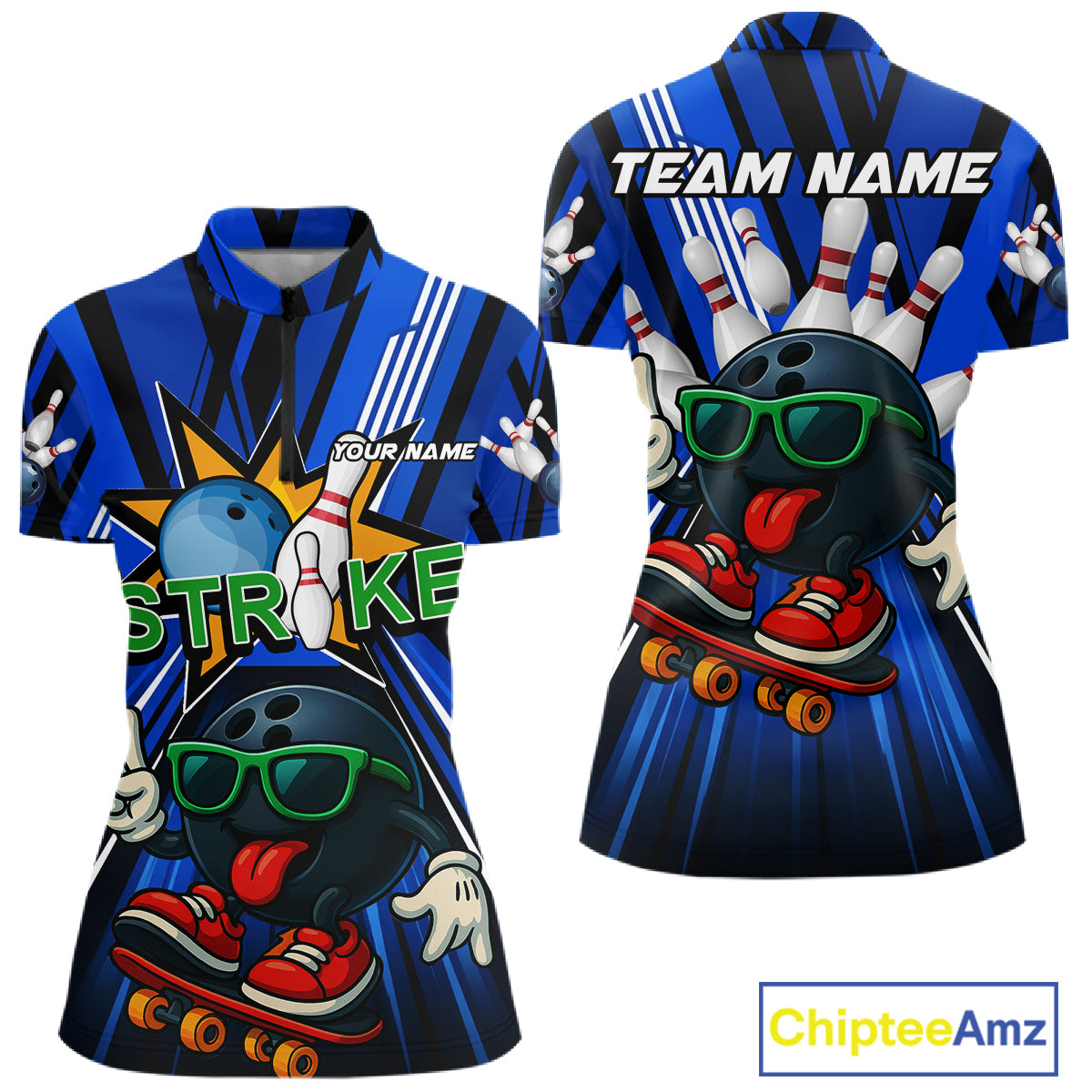 Blue Strikes Funny Bowling Ball Polo Quarter-Zip Shirt For Women Custom Bowling Team Jersey NYN4204