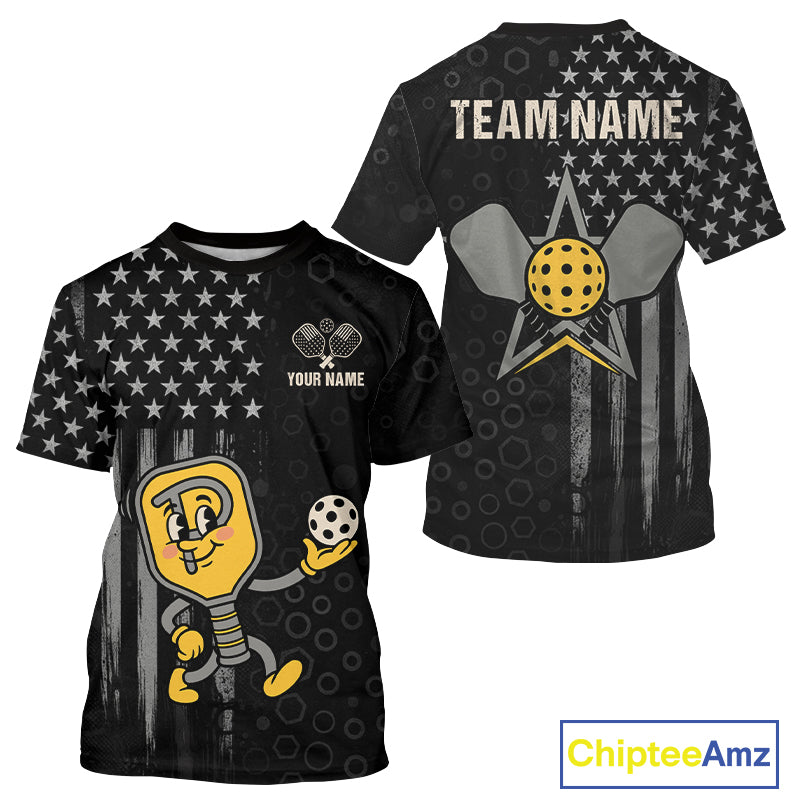Custom Funny Yellow Paddle US Flag Pickleball T-Shirt For Men Funny Pickleball Jerseys NYN1748
