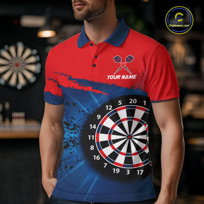 Red Navy Cool Rooster Darts Polo 1/4 Zip Shirt For Men Custom Splatter Funny Darts Tournament Jersey NYN4955