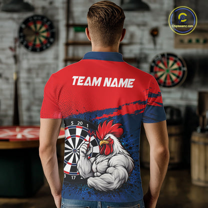 Red Navy Cool Rooster Darts Polo 1/4 Zip Shirt For Men Custom Splatter Funny Darts Tournament Jersey NYN4955