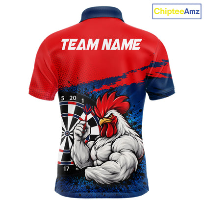 Red Navy Cool Rooster Darts Polo 1/4 Zip Shirt For Men Custom Splatter Funny Darts Tournament Jersey NYN4955
