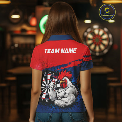 Red Navy Cool Rooster Darts Polo 1/4 Zip Shirt For Women Custom Splatter Funny Darts Tournament Jersey NYN4955
