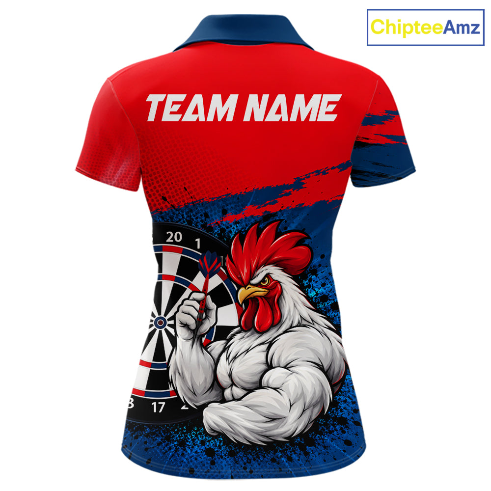 Red Navy Cool Rooster Darts Polo 1/4 Zip Shirt For Women Custom Splatter Funny Darts Tournament Jersey NYN4955