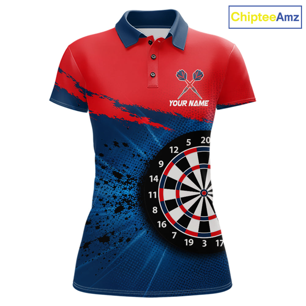Red Navy Cool Rooster Darts Polo 1/4 Zip Shirt For Women Custom Splatter Funny Darts Tournament Jersey NYN4955