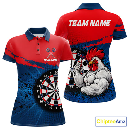 Red Navy Cool Rooster Darts Polo 1/4 Zip Shirt For Women Custom Splatter Funny Darts Tournament Jersey NYN4955
