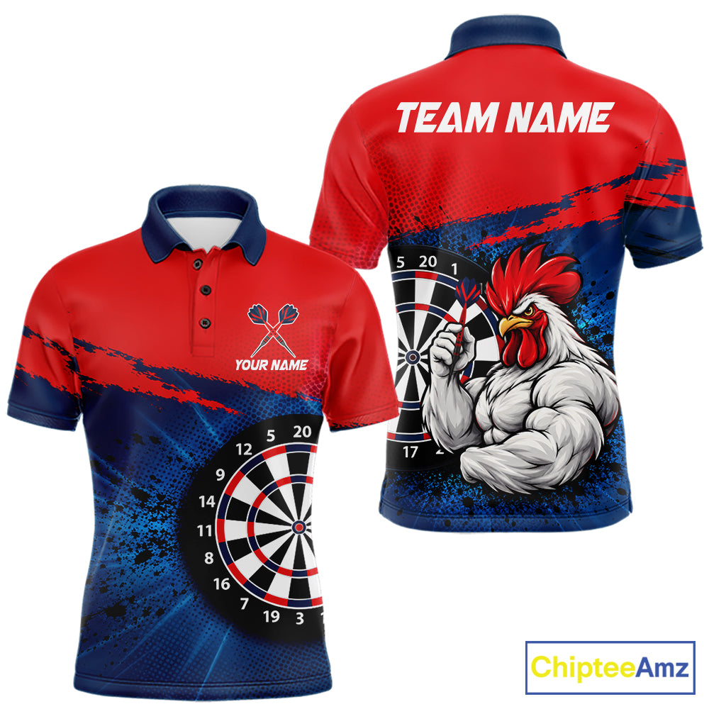 Red Navy Cool Rooster Darts Polo 1/4 Zip Shirt For Men Custom Splatter Funny Darts Tournament Jersey NYN4955