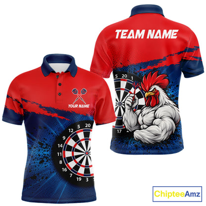 Red Navy Cool Rooster Darts Polo 1/4 Zip Shirt For Men Custom Splatter Funny Darts Tournament Jersey NYN4955