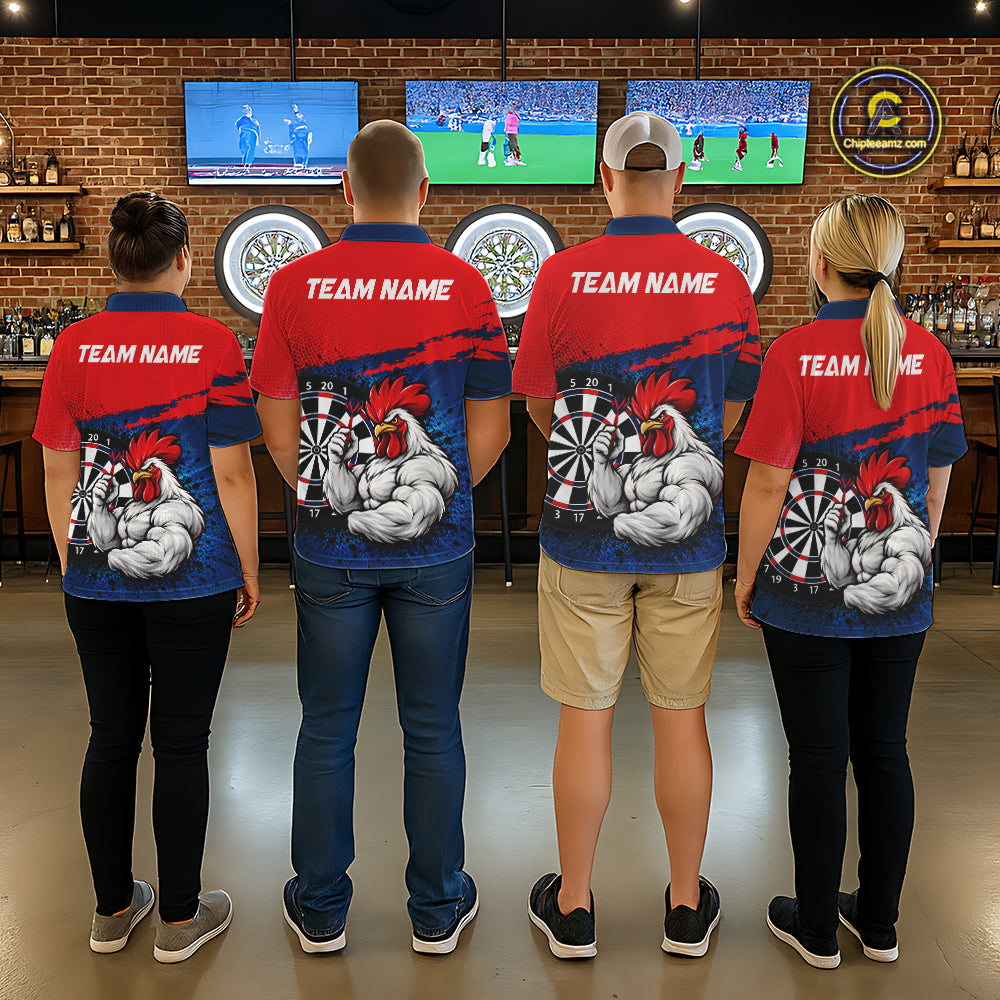 Red Navy Cool Rooster Darts Polo 1/4 Zip Shirt For Men Custom Splatter Funny Darts Tournament Jersey NYN4955