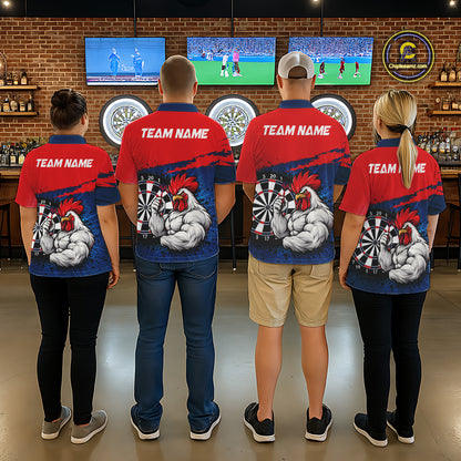 Red Navy Cool Rooster Darts Polo 1/4 Zip Shirt For Men Custom Splatter Funny Darts Tournament Jersey NYN4955