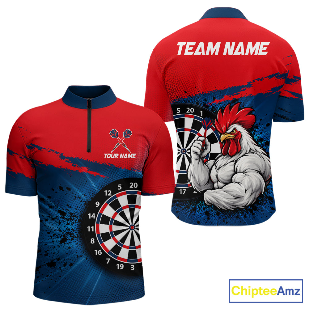 Red Navy Cool Rooster Darts Polo 1/4 Zip Shirt For Men Custom Splatter Funny Darts Tournament Jersey NYN4955