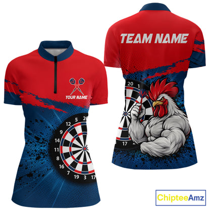 Red Navy Cool Rooster Darts Polo 1/4 Zip Shirt For Women Custom Splatter Funny Darts Tournament Jersey NYN4955