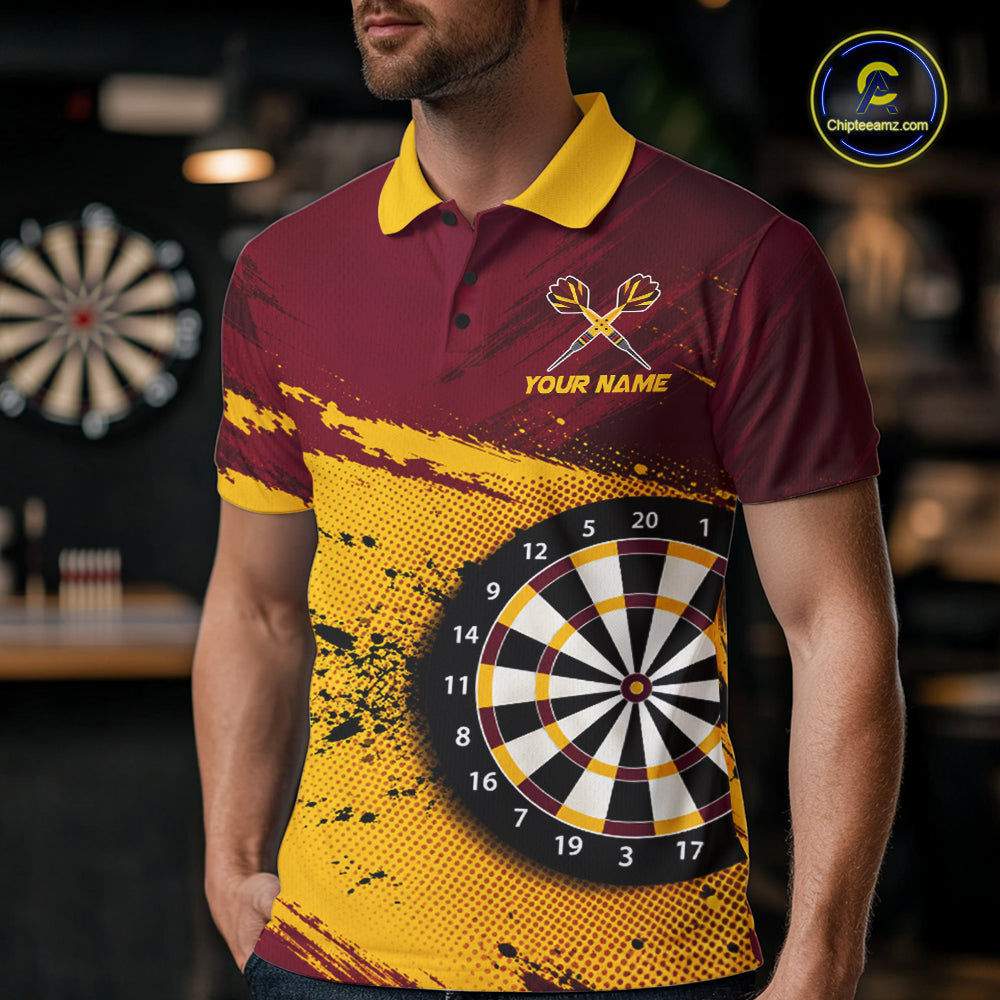 Tiger Splatter Darts Polo 1/4 Zip Shirt For Men Custom Maroon & Yellow Darts Jersey Darts Team Gift NYN4961