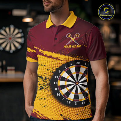 Tiger Splatter Darts Polo 1/4 Zip Shirt For Men Custom Maroon & Yellow Darts Jersey Darts Team Gift NYN4961