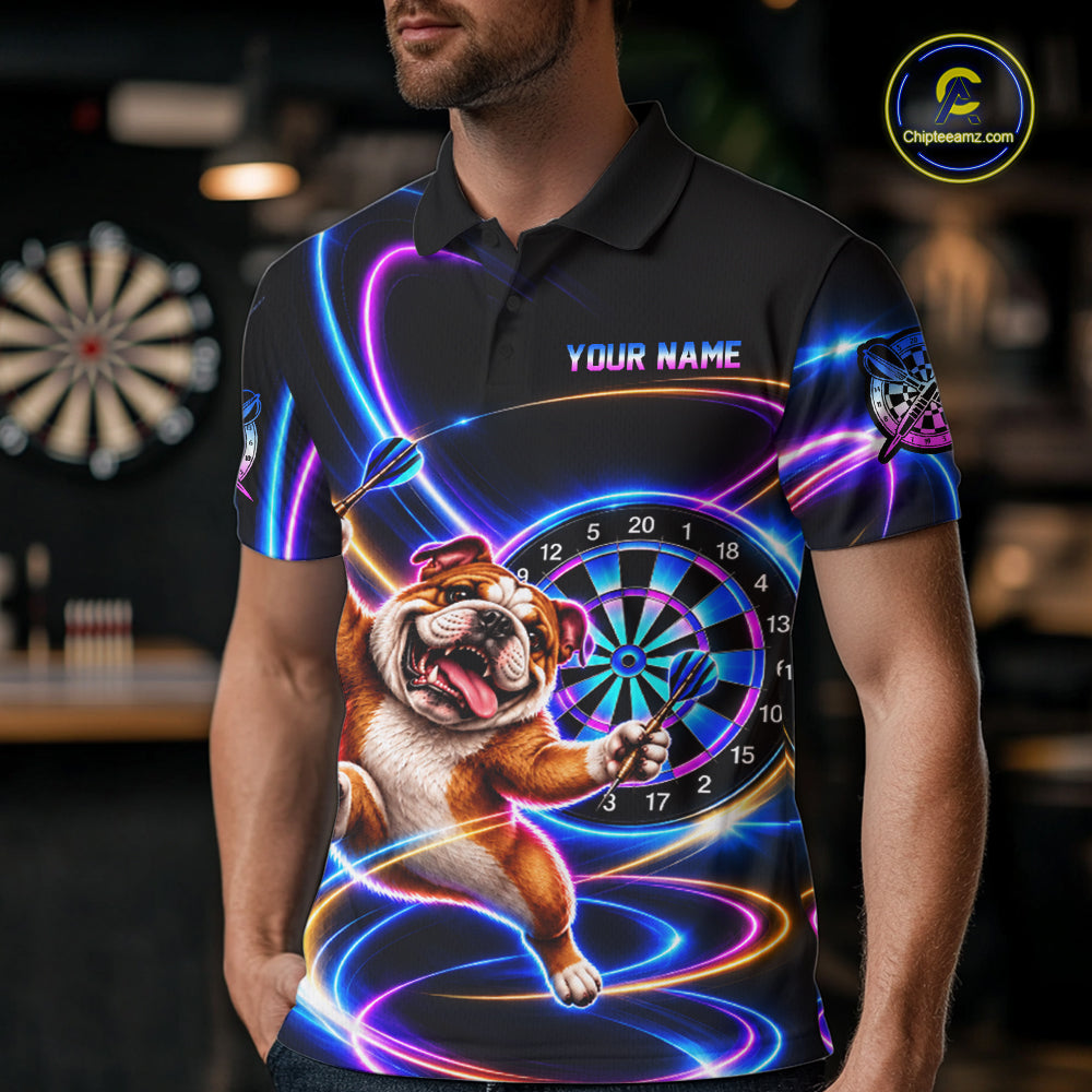 Funny Cute Bulldog Darts Polo 1/4-Zip Shirt Custom Colorful Neon Glow Darts Apparel Gift For Men NYN4962