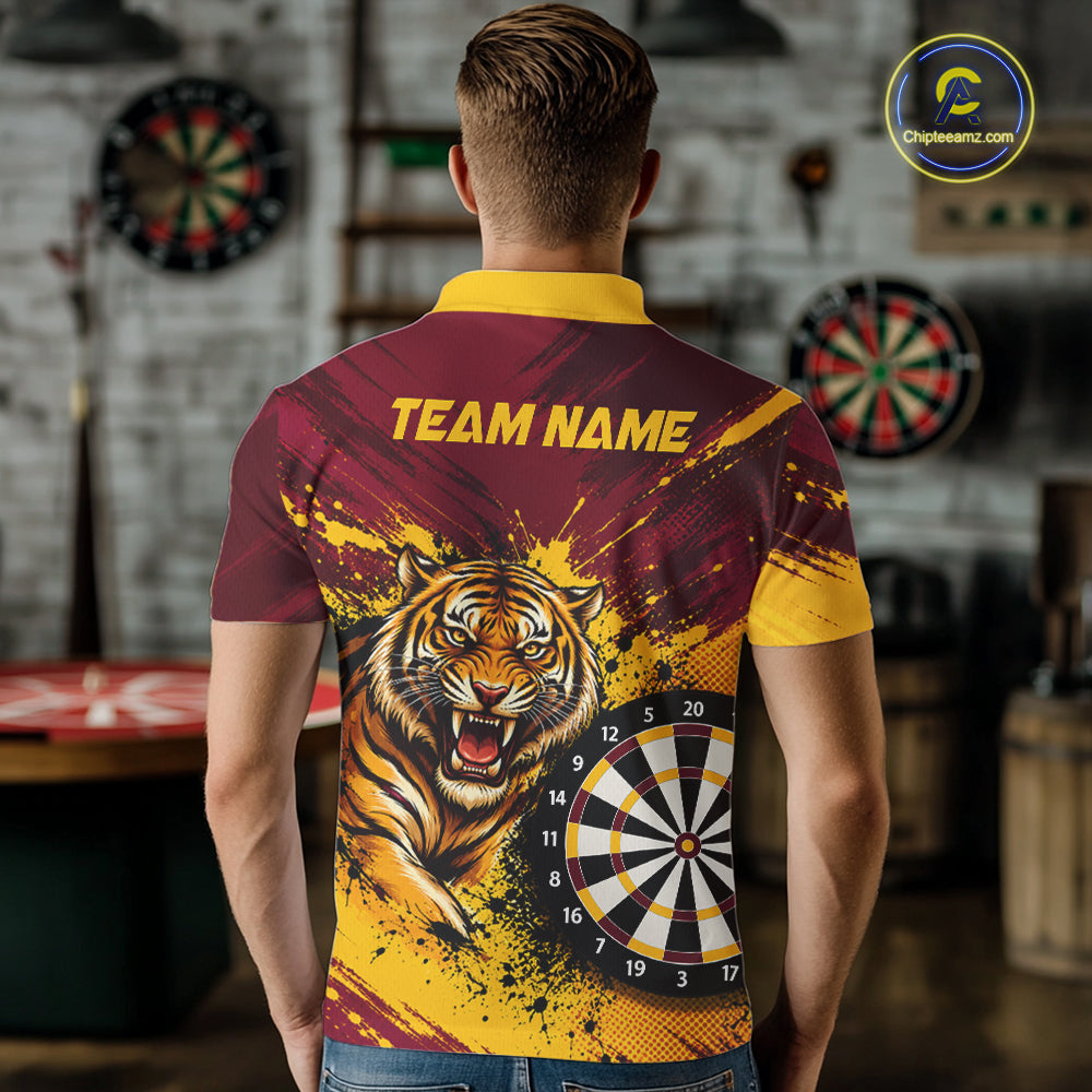 Tiger Splatter Darts Polo 1/4 Zip Shirt For Men Custom Maroon & Yellow Darts Jersey Darts Team Gift NYN4961