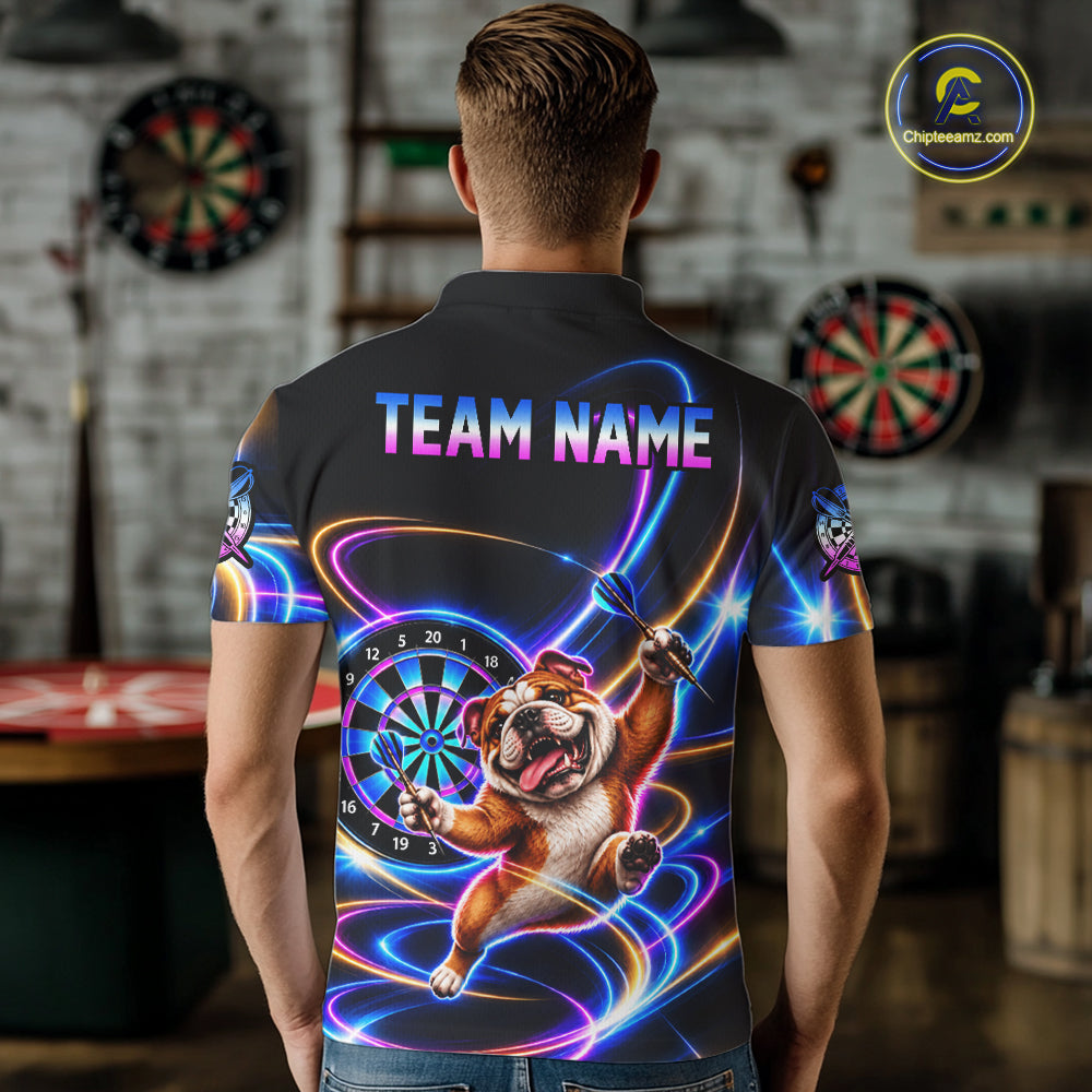 Funny Cute Bulldog Darts Polo 1/4-Zip Shirt Custom Colorful Neon Glow Darts Apparel Gift For Men NYN4962