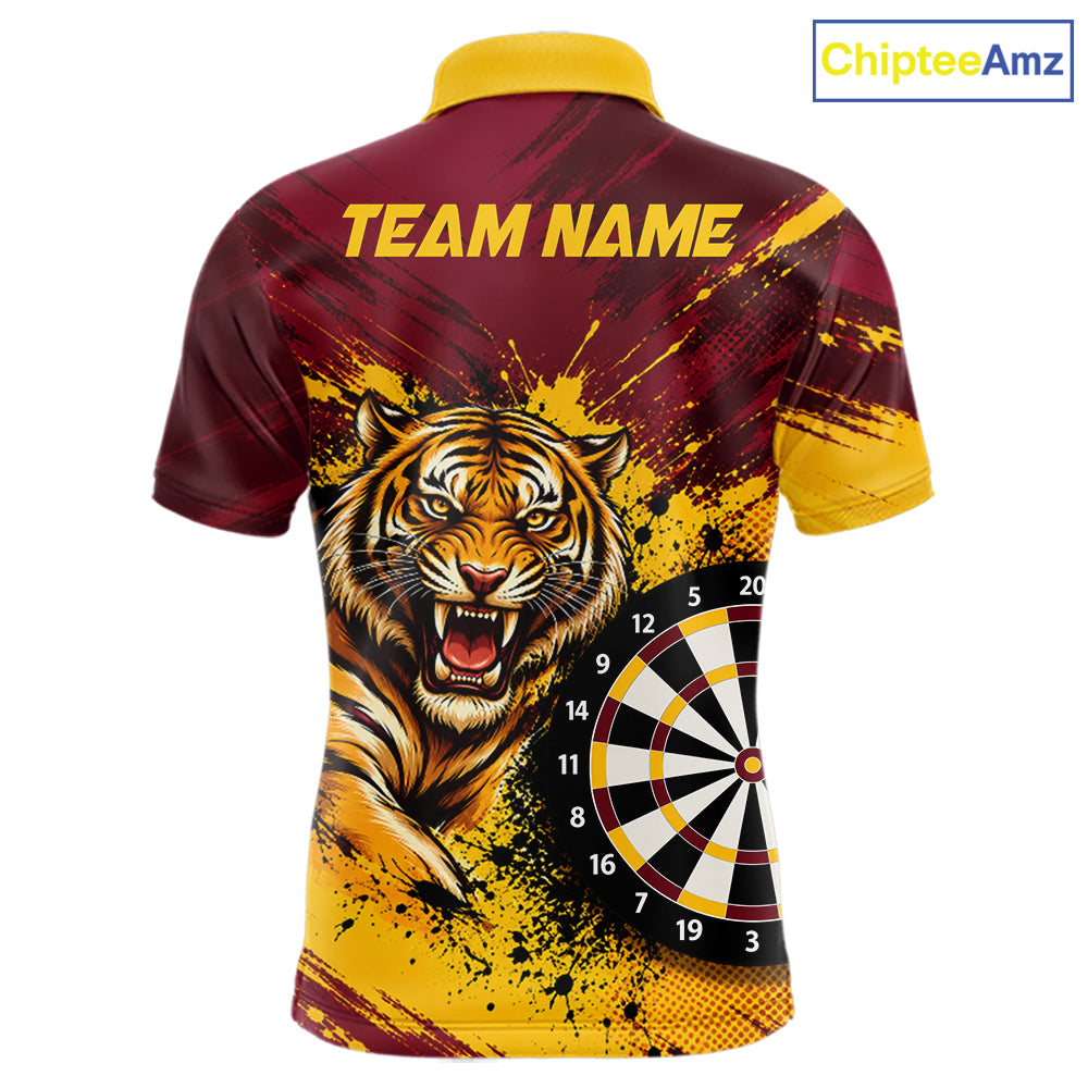 Tiger Splatter Darts Polo 1/4 Zip Shirt For Men Custom Maroon & Yellow Darts Jersey Darts Team Gift NYN4961